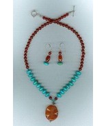 Handcrafted Turquoise Carnelian Wave Drop Necklace and Earring Jewelry Set - $60.00