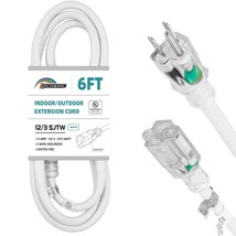6Ft 12/3 Lighted Outdoor Extension Cord - 12 Gauge 3 Prong Sjtw Heavy Duty White - £14.87 GBP