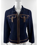 Metro Style Jean Jacket Size 10 Dark Blue Denim Zip Up Faux Leather Trim - $31.68