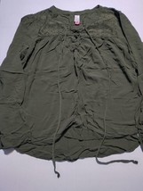 No Boundaries Peasant Blouse Olive Green Top Bell Sleeve Front Lace XL 1... - $12.13