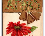 Large Letter Merry XMas Christmas Poinsettias Bells Gilt Embossed DB Pos... - $5.89