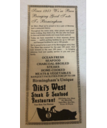 Niki&#39;s West Steak &amp; Seafood Restaurant Vintage Birmingham Print Ad pa10 - $8.90