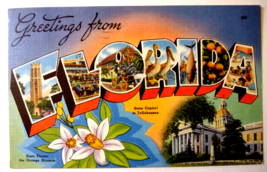 Greetings From Florida Large Big Letter Linen Postcard Tichnor Orange Blossoms - £6.53 GBP