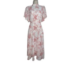 SHEIN WHITE PINK FLORAL MIDI HIGH NECK OPEN TIE BACK WAIST TIE SHORT SLE... - $10.16