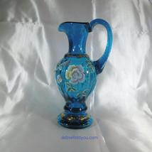 Turquoise Glass Hand Painted Signed Fenton Pitcher # 22100 - £46.76 GBP
