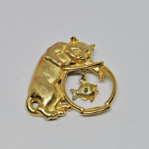 J Jonette Cat with Fish Tank Gold Tone Brooch JJ Pin - £11.92 GBP