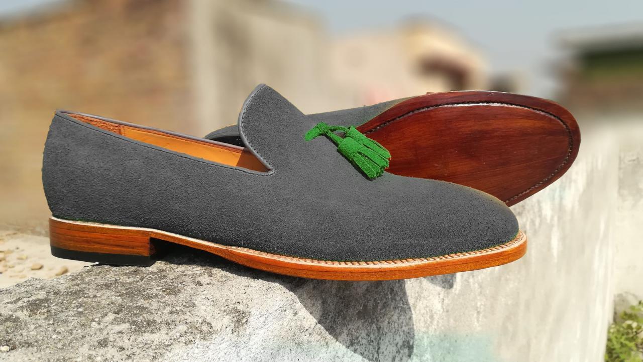 Men Gray Suede Loafer Slip On Green Tassels Custom Genuine Leather Shoes US 7-16