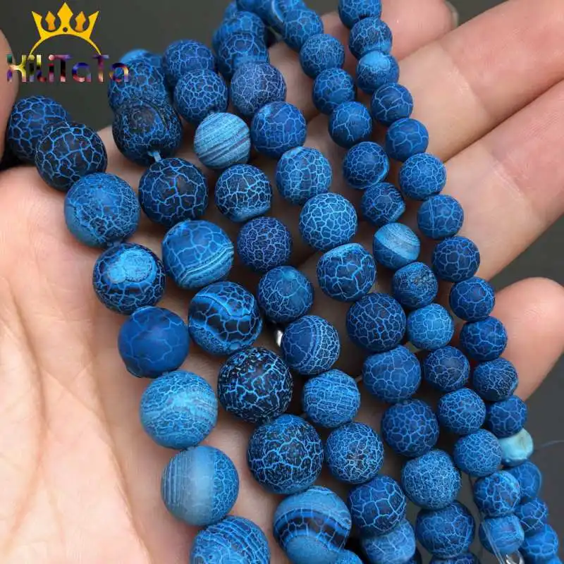 Natural Stone Beads Frost Dark Blue Cracked Dream Fire Dragon Veins Agat... - £6.20 GBP