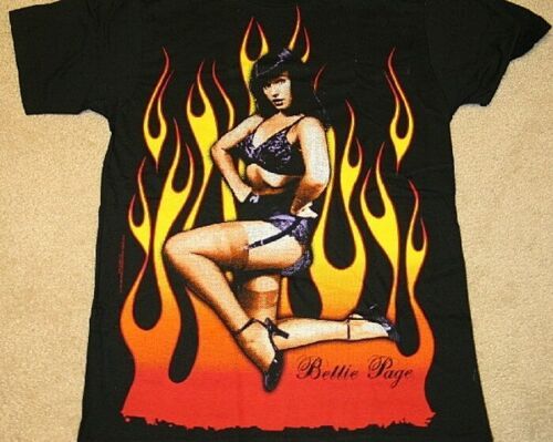 Primary image for Bettie Page Flaming Lingerie Photo Subway Print T-Shirt Medium NEW UNWORN