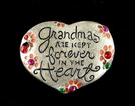 Grandmas Kept Forever In Heart Pin Vintage Brooch Rhinestone Enamel Flowers Ajmc - £16.61 GBP
