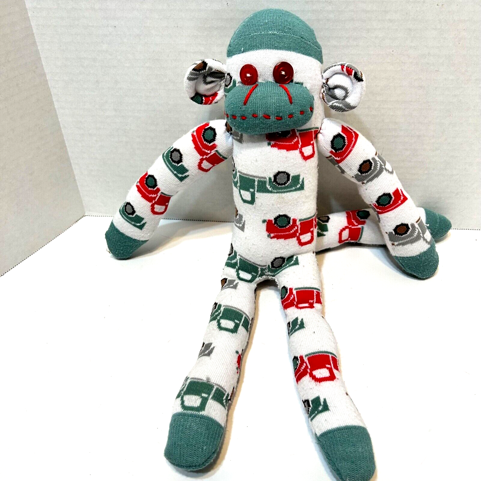 Vintage Handmade Colorful Plush Sock Monkey Trucks Stuffed Animal 15 inch - $13.59