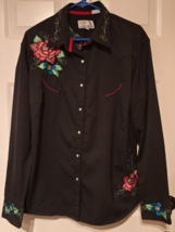 Panhandle Slim Retro Western LS Shirt Womens 1X Black Red Embroidered Pearl Snap - $38.80