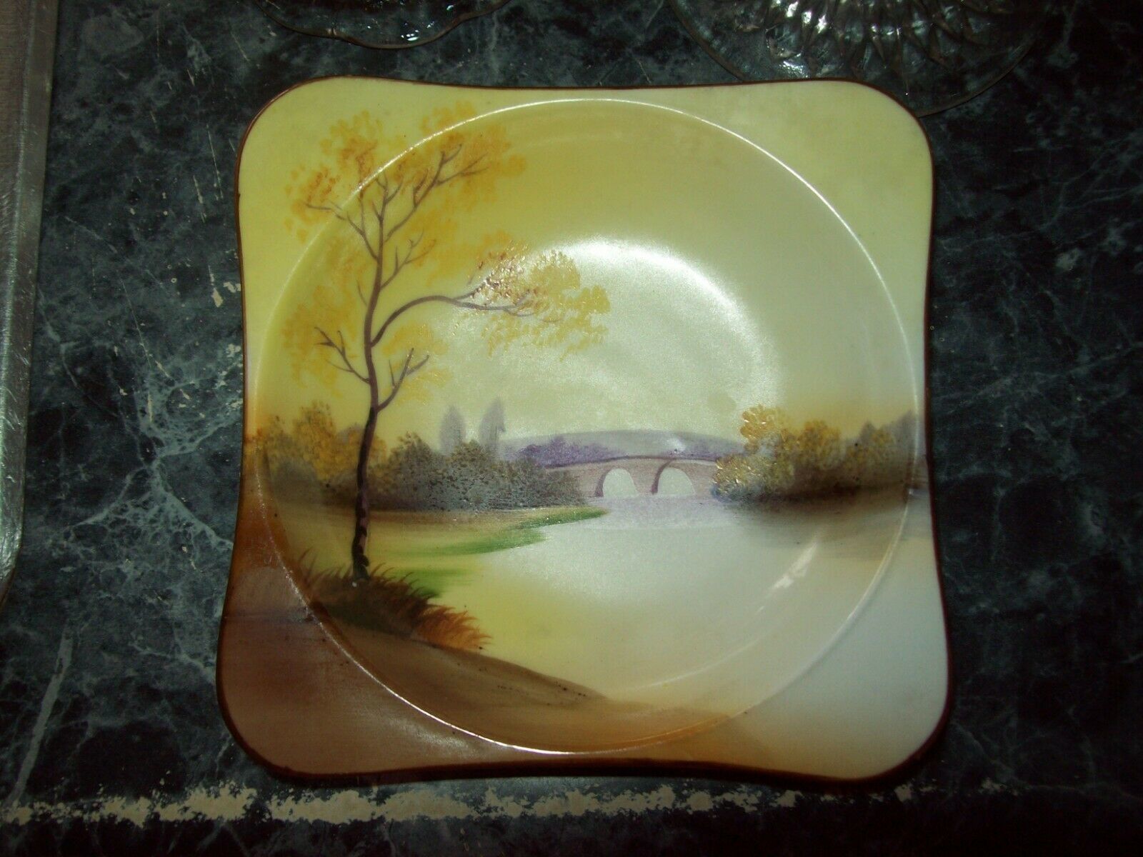 JAPAN HAND PAINTED DISH CANDY TRINKET NUT 5 X 5 BRIDGE TREE SCENE SQUARE... - $5.00