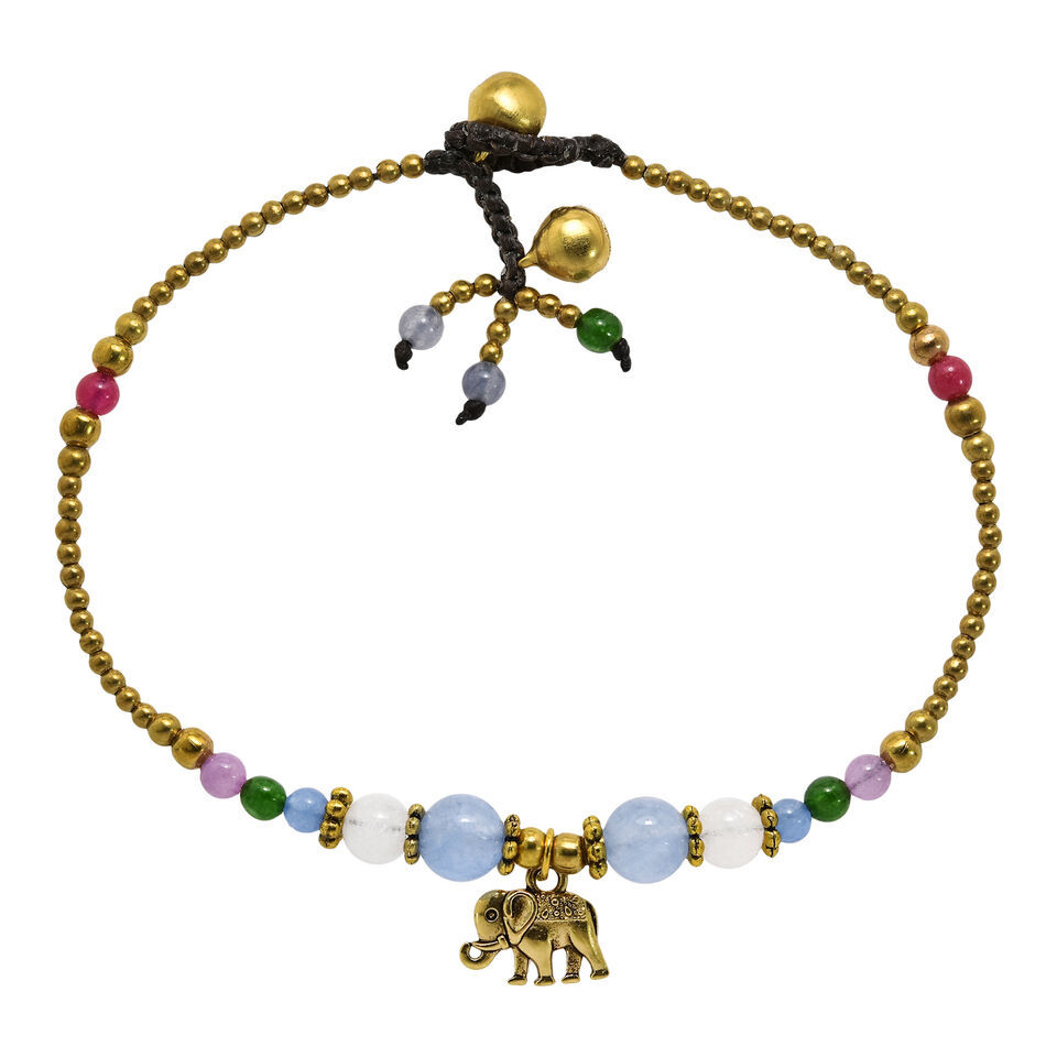 Charming Boho Elephant Colorful Stone and Brass Beads Handmade Anklet - £7.23 GBP