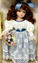 Vintage Porcelain Bisque Doll 16&quot; Auburn Hair White Lace Dress Flowers in Basket - £10.21 GBP