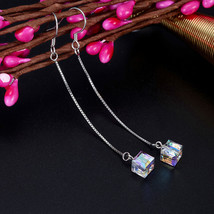 925 Silver Long AB Crystal Earrings Ear Line Drop Dangle Women Wedding Jewelry - £87.73 GBP