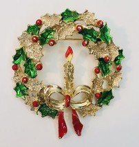 GERRY&#39;s Brooch Christmas Wreath with Candle Enamel Holiday Pin Gold Tone - $16.00