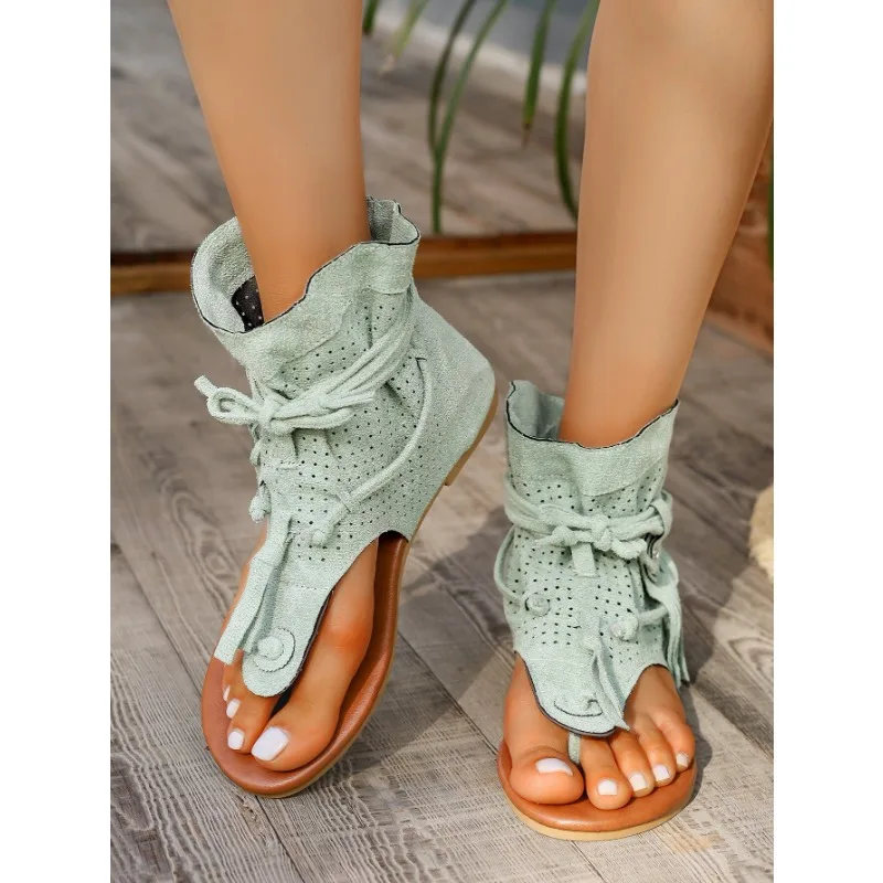 Sandals for Woman Summer Boho Flat Shoes Ladies Lace Up Beach Shoes Sandalias Mu - £29.48 GBP