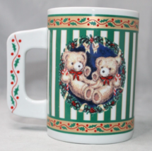 Houston Foods Teddy Bear Christmas Mug Green Decorative Flat Handle - £9.12 GBP