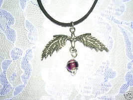 Feather Wings With Purple Glass Dangle Usa Pewter Pendant Adj Cord Necklace - £7.85 GBP