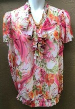 Christine V Ruffled Hibiscus Abstract Coral Pink Blouse Wm Sz XL Semi-Sh... - $13.71