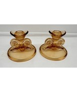 Art Deco Fostoria 2395 Depression Glass 20&#39;s Amber Swirl Scroll Candle H... - $55.47 CAD