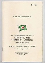 Moore McCormack SS Argentina Special Passenger List 1968 Harrisburg  - £27.63 GBP