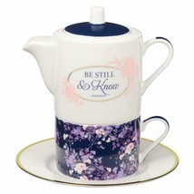 Christian Art Gifts Ceramic Teapot Set Be Still Psalm 46:10 Flowers Tea ... - $25.04