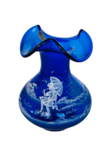 Fenton Art Glass Vase Figurine SIGNED 100th anniversary Cobalt Blue rain wave US - £197.12 GBP