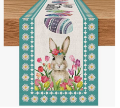NEW Happy Easter Bunny &amp; Eggs Burlap Table Runner 13 x 72 inches beige &amp; teal - £8.57 GBP
