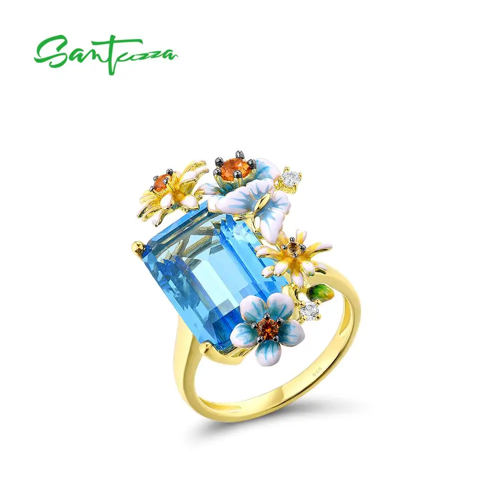 SANTUZZA 925  Silver Rings For Women  Color Shiny Blue Stone Handmade Enamel Del - £51.60 GBP