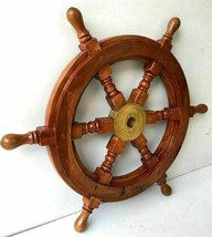  Antique Brass Wooden Ship Wheel Pirate Hub 18&quot; Inch Decorative Nautical - £58.83 GBP