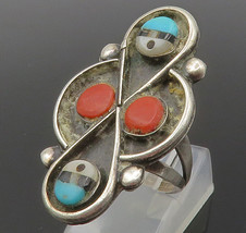 ZM ZUNI 925 Silver - Vintage Turquoise &amp; Coral Cocktail Ring Sz 6.5 - RG12796 - £62.01 GBP