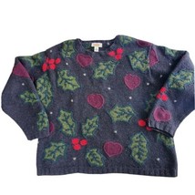 Vintage 90s Chunky 100% Wool Dark Gray Christmas Sweater Holly Berries S... - $48.19