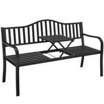 Garden Bench W/Pullout Middle Table, Steel Bench For Outdoor Patio Garden - £142.99 GBP