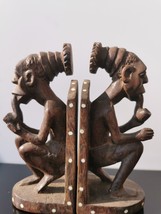 Ethnic African Tribal Primitive Book Holder Ebony Figures with Pipe Hand Carved - £73.43 GBP