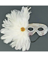 Mardi Gras Mask Embellished W/White Feathers &amp; Gold Elegant Silver Sequined - $15.49