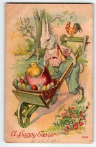 Easter Postcard Dressed White Rabbit Carts Baby Chick And Painted Eggs Rooster - £7.95 GBP