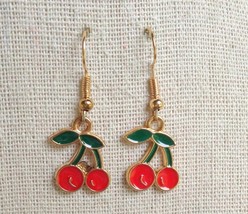 Red Enamel Cherry Fruit Drop Dangle Earrings Gold Plated Wire Hooks Small 1-3/8&quot; - £6.31 GBP