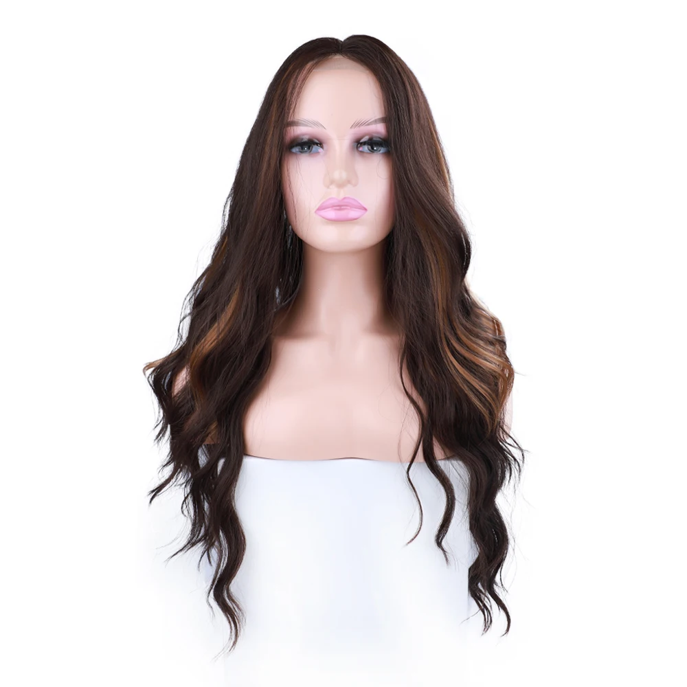 Synthetic Long Wavy Highlight Wigs With Vivid Hair Parting Mixed Chocolate Brown - £25.36 GBP