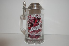 Bayern Glass etched lidded Stein. Shows two stags in the woods etched in... - $14.50