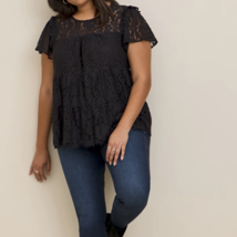 Torrid Plus 5X(28) Black Lace Short Sleeve Tiered Blouse, NWT - £31.59 GBP