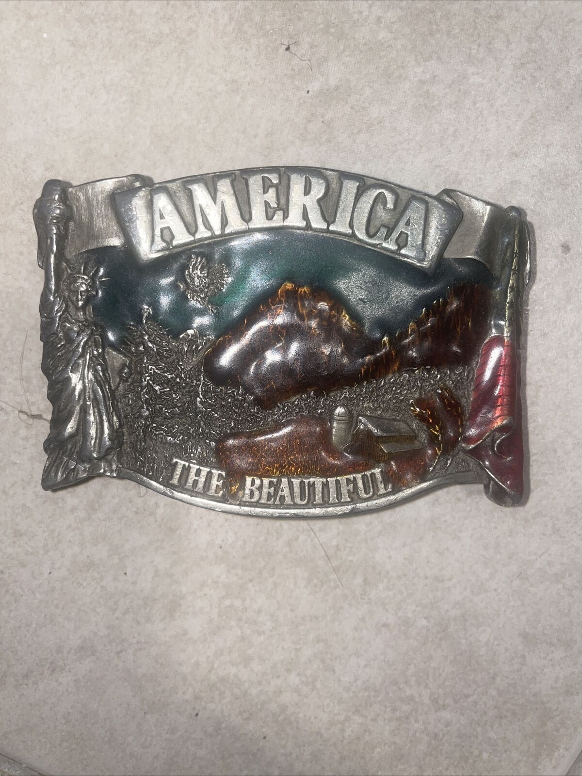 Vtg 1983 AMERICA THE BEAUTIFUL Pewter BELT BUCKLE Barn Silo Eagle Mts. B... - $9.49