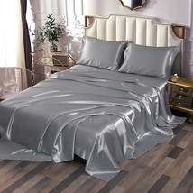 Gray Satin Sheets 4-Pieces Queen Silky Sheets Microfiber Bed Sheet Set With 1 De - $39.99