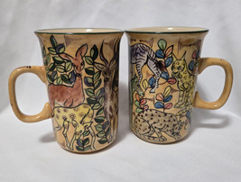 2pc Set Vintage Zimbabwe Hand-Painted Mug African Folk Art Zebra Jaguar ... - $22.27