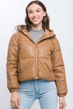 Pu Faux Leather Zipper Hooded Puffer Jacket - $45.00