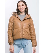 Pu Faux Leather Zipper Hooded Puffer Jacket - $61.54 CAD
