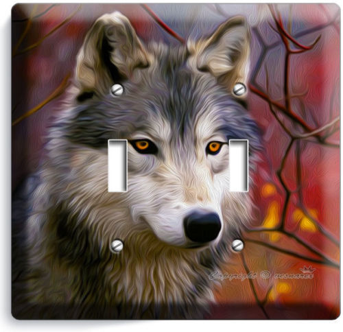 GRAY WOLF WOODS IN AUTUMN FOREST DOUBLE LIGHT SWITCH WALL PLATE COVER HOME DECOR