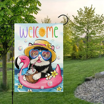 New Cat &amp; Flamingo Garden Flag 12&quot;X18&quot; Welcome Double Sided - $5.93