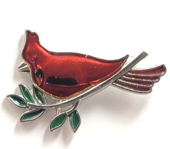 Red Cardinal Bird on Branch Green Leaves Silver Tone Enamel Nature Wildl... - €8,63 EUR